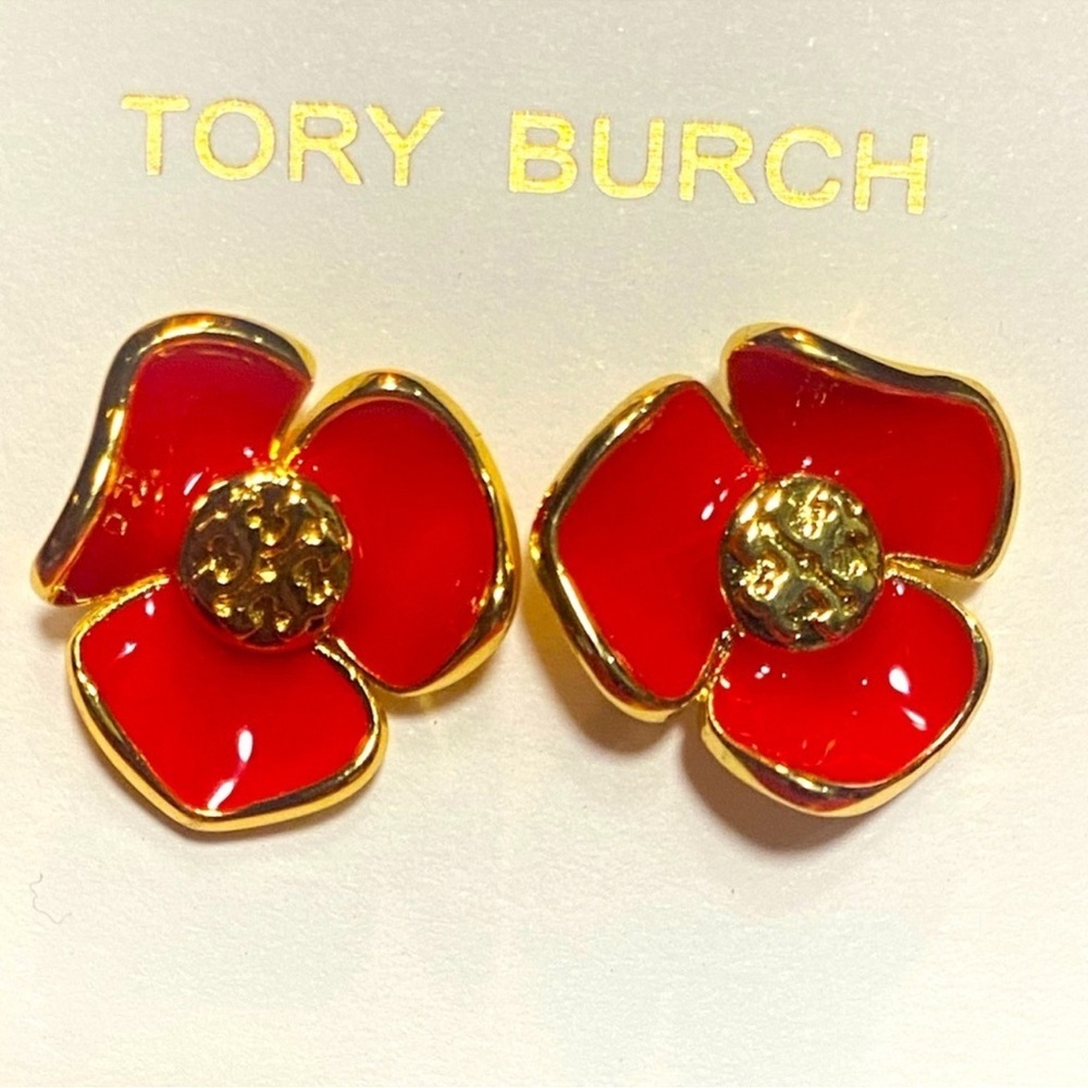Tory Burch Vibrant Red and Gold Floral Earrings